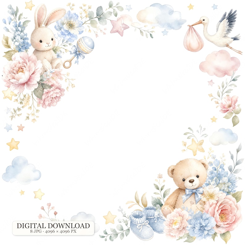 Window Frame Border Art 8 JPG Baby Shower Border Clipart, Watercolor Baby Animals, Stork ...