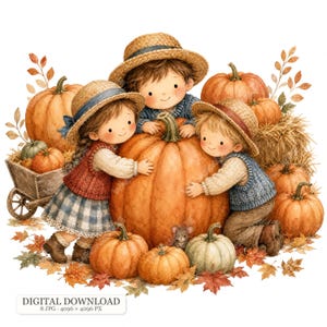 8 JPG Watercolor Pumpkin Patch Kids, Autumn Farm Children, Fall Harvest Illustrations, Cute Vintage Kids Clipart