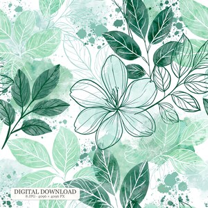 Könnte beinhalten: Ein nahtloses digitales Muster mit dunkelgrünen Strichzeichnungen von Blumen und Blättern, die über hellgrünen Aquarellspritzern auf weißem Hintergrund liegen. Das Bild enthält den Text DIGITAL DOWNLOAD 8 JPG 4096 x 4096 PX.