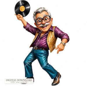 Puede incluir: Un personaje de dibujos animados con cabello gris y bigote, que lleva gafas de montura negra, una camisa morada, un chaleco dorado y pantalones azules. El personaje sostiene un disco de vinilo negro sobre su cabeza y lleva un reloj de pulsera dorado.