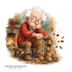 Könnte beinhalten: Eine Aquarellillustration einer älteren Person mit weißem Haar und runder Brille, die eine rote Strickjacke und eine braune Hose trägt, auf einem kleinen Holzhocker sitzt und einen Nussknacker aus Holz vor einem Kamin benutzt.