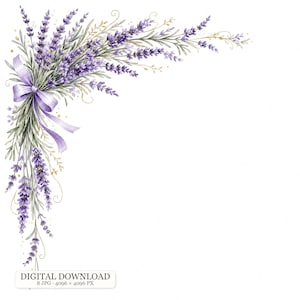 May include: A watercolor illustration of a lavender corner arrangement featuring purple flower sprigs, green foliage, and a light purple ribbon bow. The design includes gold accents and text at the bottom reading DIGITAL DOWNLOAD 8 JPG 4096 x 4096 PX.