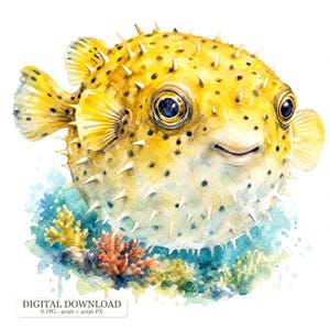 Puede incluir: Una ilustración en acuarela de un pez globo amarillo con manchas oscuras y espinas blancas afiladas, con grandes ojos oscuros y aletas. Debajo del pez hay formaciones de coral coloridas en tonos amarillos, naranjas y verdes. Texto: DIGITAL DOWNLOAD 8 JPG 4096 x 4096 PX.