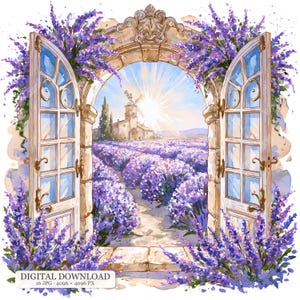 Könnte beinhalten: Eine Aquarellillustration eines offenen Bogentors, das von leuchtend violetten Lavendelblüten umrahmt wird. Durch die Türen führt ein sonniger Pfad zu einem Steingebäude mit einer Windmühle in einem Lavendelfeld unter einem hellen Himmel.