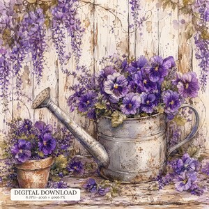 Könnte beinhalten: Eine digitale Illustration mit einer verwitterten Metallgießkanne voller violetter Stiefmütterchen vor einem rustikalen Holzhintergrund mit hängenden Glyzinienranken. Ein kleiner Terrakottatopf mit weiteren violetten Blumen steht daneben.