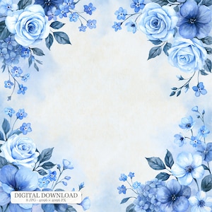 Könnte beinhalten: Ein digitaler Hintergrund mit einem Aquarell-Blumenrahmen aus blauen Rosen, Hortensien und kleinen Blüten. Die Mitte ist hellcremefarben. Der Text am unteren Rand lautet: DIGITAL DOWNLOAD 8 JPG 4096 x 4096 PX.
