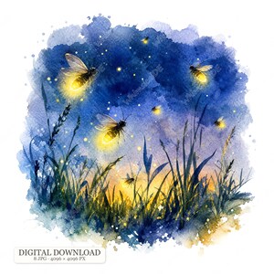 Puede incluir: Una ilustración en acuarela de luciérnagas brillando en un cielo nocturno azul oscuro sobre un campo de hierba. La escena muestra varios insectos con abdómenes bioluminiscentes de color amarillo brillante, hierba alta y un horizonte dorado.