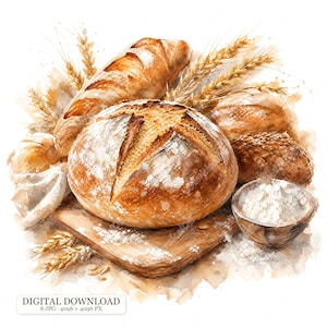 Könnte beinhalten: Eine Aquarellillustration verschiedener goldbrauner Brotlaibe, darunter ein großer, runder, eingeschnittener Laib auf einem Holzbrett, Weizenähren und eine kleine Schale mit weißem Mehl. Das Bild enthält den Text DIGITAL DOWNLOAD 8 JPG 4096 x 4096 PX.
