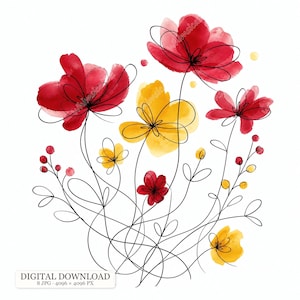 Könnte beinhalten: Eine digitale Illustration eines Blumenarrangements mit roten und gelben Aquarellblüten, die mit dünnen schwarzen Tintenlinien umrandet sind. Das Bild zeigt Stängel, Blätter und kleine Beeren sowie einen Text am unteren Rand: DIGITAL DOWNLOAD 8 JPG 4096 x 4096 PX.