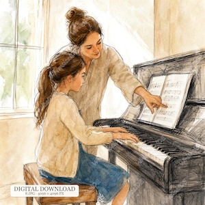 Op de afbeelding: Een aquarelillustratie van een volwassene en een kind die aan een zwarte piano zitten. De volwassene wijst naar bladmuziek op de muziekstandaard terwijl het kind de toetsen bespeelt. De tekst DIGITAL DOWNLOAD 8 JPG 4096 x 4096 PX is zichtbaar.