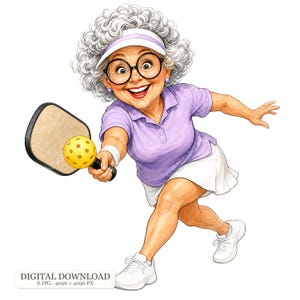 Op de afbeelding: Een cartoonillustratie van een ouder persoon met krullend grijs haar, gekleed in een lavendelkleurig poloshirt, witte zonneklep en witte rok, die pickleball speelt met een peddel en een gele bal met gaten, en een grote zwarte bril draagt.