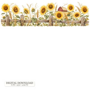 May include: A horizontal border illustration featuring yellow sunflowers, stalks of wheat, and green foliage arranged behind a rustic wooden fence. A small red barn is visible in the background among the flowers and grain stalks.