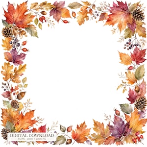 Könnte beinhalten: Ein quadratischer Rahmen aus herbstlichem Aquarell-Laub mit roten, orangen und gelben Ahornblättern, Eichenblättern, Tannenzapfen und kleinen roten Beeren. Die Mitte ist weiß und unten links steht der Text DIGITAL DOWNLOAD 8 JPG 4096 x 4096 PX.