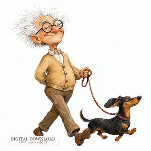 Könnte beinhalten: Eine Cartoon-Illustration einer älteren Person mit wildem weißem Haar und runder Brille, bekleidet mit einer beigen Strickjacke und brauner Hose, die einen schwarz-roten Dackel an einer braunen Lederleine führt. Text: DIGITAL DOWNLOAD 8 JPG 4096 x 4096 PX.