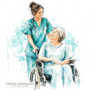 Könnte beinhalten: Eine Aquarellillustration einer Pflegekraft in türkisfarbener Arbeitskleidung mit einem Stethoskop um den Hals, die hinter einer älteren Person im Rollstuhl steht. Der Text DIGITAL DOWNLOAD 8 JPG 4096 x 4096 PX ist unten zu sehen.