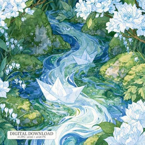 Könnte beinhalten: Eine digitale Illustration von drei weißen Papierbooten, die einen gewundenen blauen Bach hinuntertreiben, umgeben von moosbewachsenen grünen Felsen und hellblauen Blumen. Der Text unten lautet DIGITAL DOWNLOAD 16 JPG 4096 x 4096 PX.