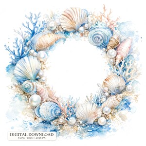 8 JPG Seashell Wreath Clipart, Coastal Beach Frame, Starfish Coral Pearl Shells, Nautical Summer Illustrations, Card Making Crafts