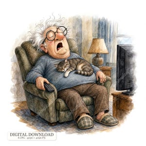 Op de afbeelding: Een aquarelillustratie van een ouder persoon met warrig wit haar en een ronde bril die in een groene fauteuil slaapt. Een cyperse kat rust op hun schoot terwijl ze een zwarte afstandsbediening vasthouden. Lamp en televisie zichtbaar.