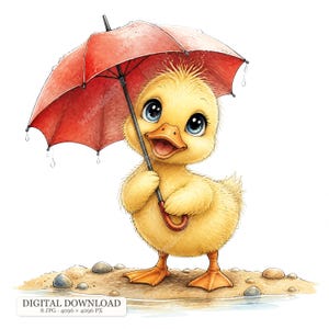 Pode incluir: Um patinho amarelo fofo com grandes olhos azuis está em uma margem arenosa segurando um guarda-chuva vermelho. O patinho tem bico e pés laranja. O texto na parte inferior diz: DIGITAL DOWNLOAD 8 JPG 4096 x 4096 PX. Ilustração detalhada.