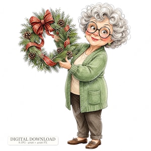 May include: An illustration of an older individual with curly grey hair and round black glasses, wearing a green cardigan, beige top, and brown trousers, holding a festive Christmas wreath decorated with pinecones and a large red ribbon.