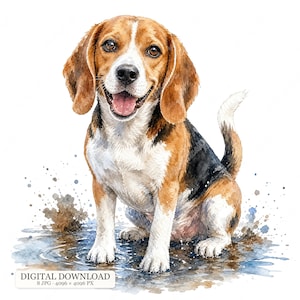 Puede incluir: Una ilustración en acuarela de un perro beagle tricolor con pelaje marrón, negro y blanco, sentado en un charco con salpicaduras de agua. El perro tiene orejas largas y caídas, ojos marrones y la boca abierta. El texto dice DIGITAL DOWNLOAD.