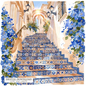 Könnte beinhalten: Eine digitale Illustration einer Steintreppe mit blau-weiß gemusterten Fliesen an jeder Stufe. Die Treppe ist beidseitig von leuchtend blauen Blütenranken gesäumt, mit weißen Gebäuden, schwarzen Laternen und einem sonnendurchfluteten Torbogen.