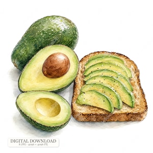 Pode incluir: Uma ilustração em aguarela apresentando um abacate inteiro verde-escuro, um abacate cortado ao meio com um caroço castanho, uma metade vazia e uma fatia de pão torrado coberta com várias fatias finas e temperadas de abacate. O texto diz DIGITAL DOWNLOAD.