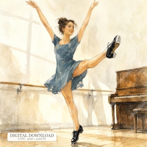 Peut inclure: Une illustration à l'aquarelle d'une personne dansant en robe bleue, bras levés et une jambe étendue, portant des chaussures de claquettes noires. La scène inclut un piano en bois et une barre de danse. Texte : DIGITAL DOWNLOAD 8 JPG 4096 x 4096 PX.