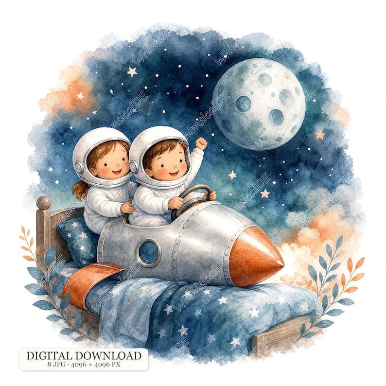 8 JPG Kids Astronaut Clipart, Watercolor Space Children Illustrations ...