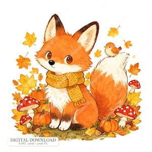 Könnte beinhalten: Eine digitale Illustration eines kleinen orangefarbenen Fuchses mit einem gelben Strickschal, umgeben von Herbstblättern, orangefarbenen Kürbissen, rot-weiß gepunkteten Pilzen, Eicheln und einem kleinen braunen Vogel auf seinem Schwanz.