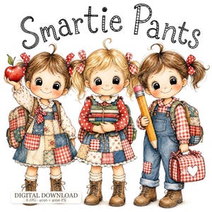 Könnte beinhalten: Eine digitale Illustration von drei Kindern mit Rucksäcken, mit dem Text "Smartie Pants" oben. Die Kinder tragen karierte und Patchwork-Kleidung, braune Stiefel und halten Schulsachen wie einen roten Apfel, Bücher und einen Bleistift.