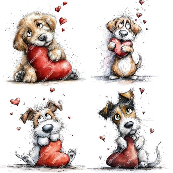 15 cute Puppy Valentine's Day Heart Clipart in soft watercolor style. High-resolution JPG files (4096x4096 px), white background
