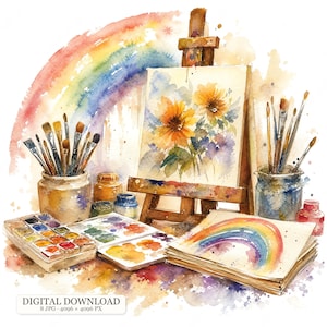 Könnte beinhalten: Eine Aquarellillustration mit einer Holzstaffelei, die eine Leinwand mit Sonnenblumen hält, umgeben von Pinseln in Gläsern, einer Aquarellpalette und einem Papierstapel mit einer Regenbogenzeichnung. Der Text lautet DIGITAL DOWNLOAD.