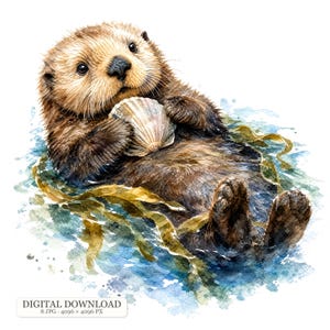 Op de afbeelding: Een aquarelillustratie van een bruine zeeotter die op zijn rug in blauw water drijft en een lichtgekleurde schelp tegen zijn borst houdt. De otter is omringd door strengen goudbruine kelp, met een digitaal downloadlabel aan de onderkant.