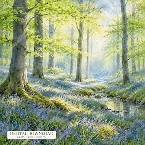 Könnte beinhalten: Ein digitaler Download mit einer Waldlandschaft, hohen Bäumen, einem kleinen fließenden Bach und einem Teppich aus blauen Glockenblumen. Die Szene wird durch sanftes Sonnenlicht erhellt, das durch das grüne Blätterdach scheint.