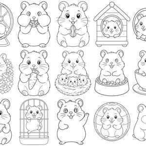 Puede incluir: Una colección de quince ilustraciones de arte lineal en blanco y negro que muestran hámsteres en diversas actividades, como correr en una rueda, comer semillas, zanahorias y sandía, descansar en un nido, sentarse en una taza y jugar en una jaula.