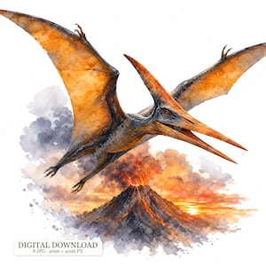 Peut inclure: Une illustration à l'aquarelle d'un ptérodactyle en vol aux ailes orange et brunes, survolant une montagne volcanique sombre avec de la lave en fusion et de la fumée. L'image contient le texte DIGITAL DOWNLOAD 8 JPG 4096 x 4096 PX.