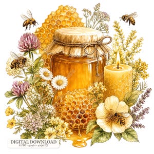 Puede incluir: Un tarro de cristal con miel dorada y tapa de tela, una vela de cera de abeja encendida con patrón de panal y un trozo de panal. El conjunto está rodeado de tréboles, margaritas y flores silvestres con tres abejas en vuelo.