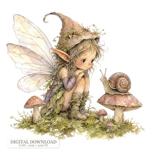 May include: A watercolor illustration of a fairy with translucent wings, wearing a pointed hat and green clothing, sitting among mushrooms and moss. A snail rests on a large mushroom nearby. The text reads DIGITAL DOWNLOAD 8 JPG 4096 x 4096 PX.