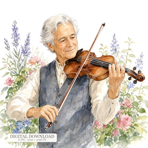 Könnte beinhalten: Eine Aquarellillustration einer älteren Person mit grauem Haar, die eine braune Holzgeige spielt. Die Person trägt ein weißes Hemd und eine dunkelblaue Weste. Der Hintergrund zeigt weich gemalte Lavendel- und rosa Blumen.