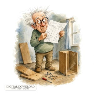 Könnte beinhalten: Eine Aquarellillustration einer älteren Person mit wildem weißem Haar und runder Brille, bekleidet mit einem grünen Pullover und brauner Hose, die eine Montageanleitung neben Holzmöbelteilen, Schrauben und einem Schraubendreher hält.