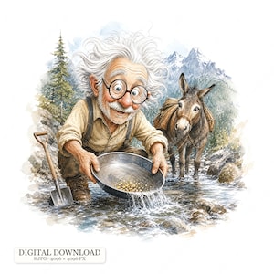 8 JPG Rolig guldvaskande morfar Clipart, guldletare gammal man med åsna, gruvhumor, bäckscener, tecknad gruvarbetareillustration