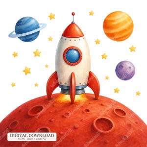 May include: A white and red rocket ship with a blue porthole window sits on a cratered red planet. The scene includes a blue ringed planet, an orange planet, a purple planet, and several yellow stars against a plain white background.