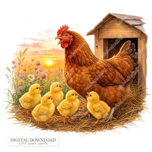 May include: A digital illustration of a brown hen with four yellow chicks standing on straw near a wooden coop. In the background, a sunset illuminates a field of wildflowers. The text "DIGITAL DOWNLOAD 8 JPG 4096 x 4096 PX" is visible.
