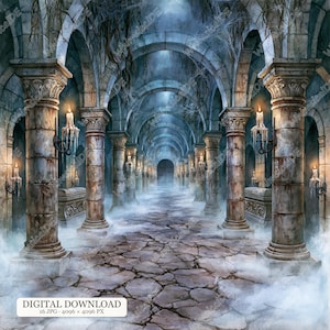 May include: A digital backdrop featuring a stone corridor with arched ceilings, rows of weathered columns, and flickering wall-mounted candles. The floor is made of cracked stone tiles, and the atmosphere is filled with thick fog and cobwebs.