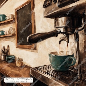 Könnte beinhalten: Eine Espressomaschine brüht Kaffee in eine blaugrüne Tasse. Die Szene umfasst eine Holztheke, eine leere Tafel in einem Holzrahmen, Regale mit Tassen und Gläsern sowie einen Stapel kleiner Teller. Das Bild hat einen warmen Malstil.