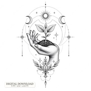 Könnte beinhalten: Eine schwarz-weiße Punkt-Illustration, die eine Hand zeigt, die eine kleine Pflanze mit Wurzeln in Erde hält. Das Design enthält himmlische Elemente wie Sonne, Mondsicheln und Sterne, sowie florale Muster und den Text DIGITAL DOWNLOAD.