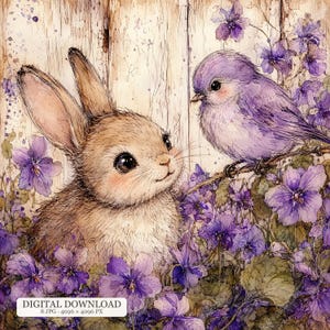 Könnte beinhalten: Eine digitale Illustration eines braunen Kaninchens und eines violetten Vogels, umgeben von violetten Blumen vor einem hellen Holzhintergrund. Das Bild enthält den Text: DIGITAL DOWNLOAD 8 JPG 4096 x 4096 PX. Der Stil zeigt feine Linien.