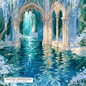 Könnte beinhalten: Eine digitale Illustration eines Steinbogens mit verzierten Säulen, der einen Wasserpool mit einem Wasserfall im Hintergrund überblickt. Kaskadierende blaue Blumen hängen von oben herab und weiße Rosen blühen im Vordergrund. Der Text lautet DIGITAL DOWNLOAD.
