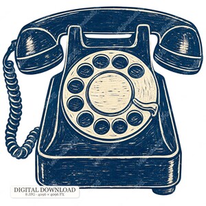 Puede incluir: Una ilustración de color azul oscuro y crema de un teléfono de disco con el auricular apoyado encima, un dial circular con orificios para los dedos y un cable en espiral en el lado izquierdo. La imagen incluye el texto DIGITAL DOWNLOAD 8 JPG 4096 x 4096 PX.